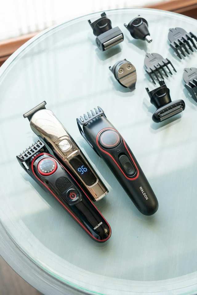 Pet grooming equipment arranged on a table