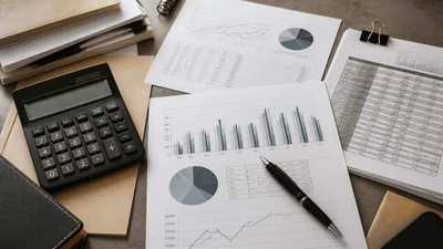 Financial charts, graphs, calculator, and documents on a desk