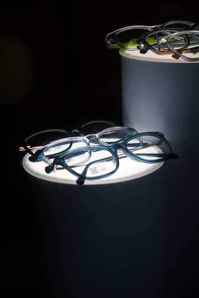 Eyeglasses arranged on display